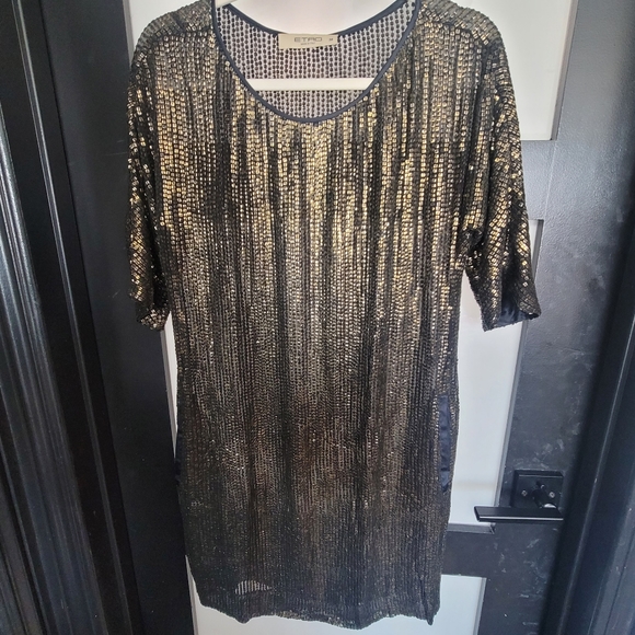 ETRO Italian Designer Black Gold Sequins Party Cocktail NYE Dress Pocket 4 Small - Picture 5 of 17